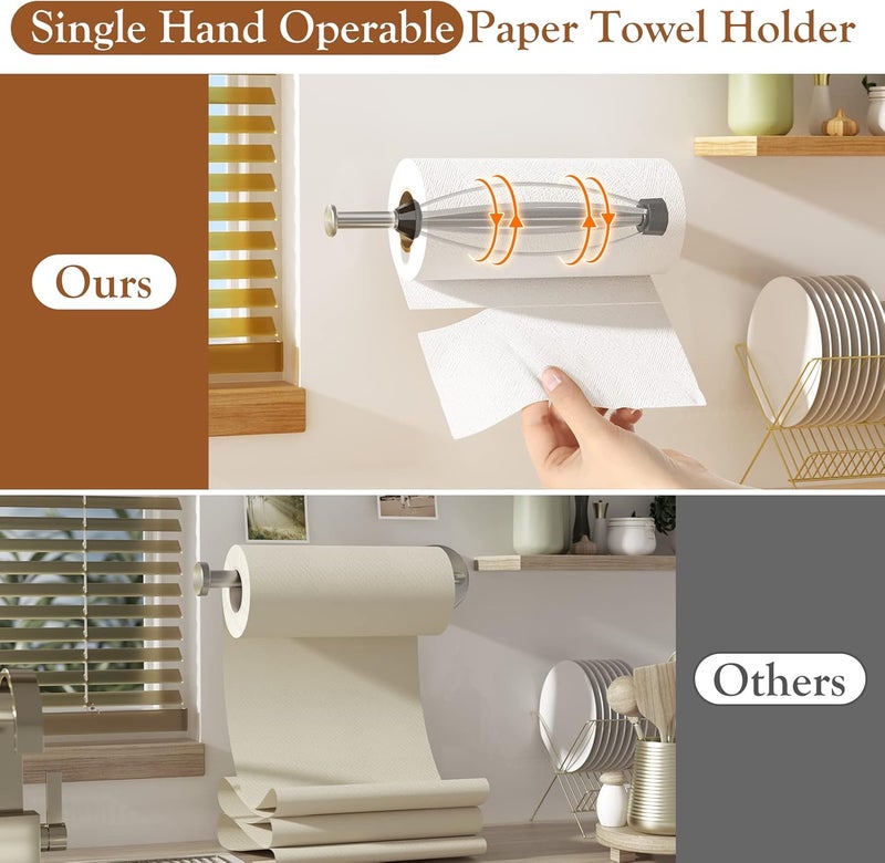 Winproper Paper Towel Holder Under Cabinet + Towel Robe Hooks, Single Hand Operable Under Cabinet Paper Towel Holder with Damping Effect Adhesive Wall Mount Paper Towel Rack for Bathroom Kitchen(Silver) - Image 2